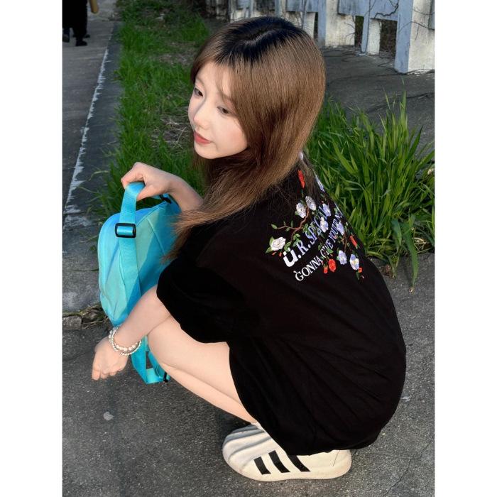 

2025 Pure Cotton Embroidered Round Neck Short Sleeve Slimming T-Shirt for Women Extra Extra Large чёрный