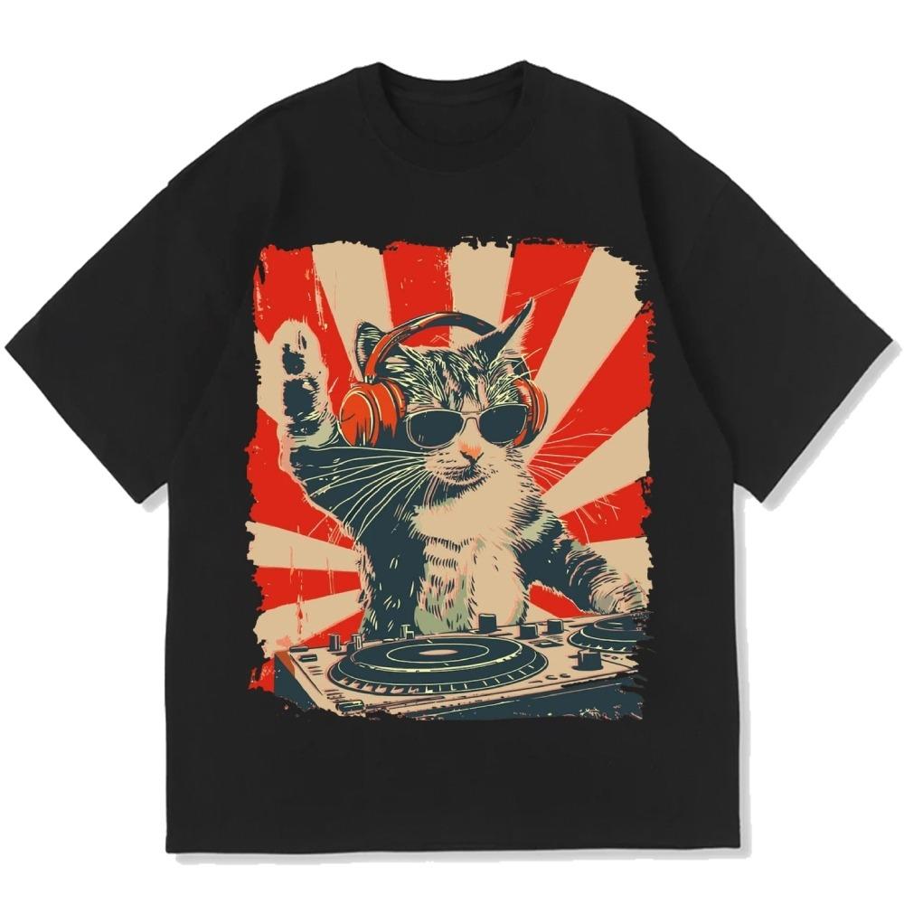 

Korean Fashion Cotton T-shirts Loose Short Sleeve Round Neck Summer Tops Men s Cool Cat DJ Poster Showa Retro Clothings 3XL
