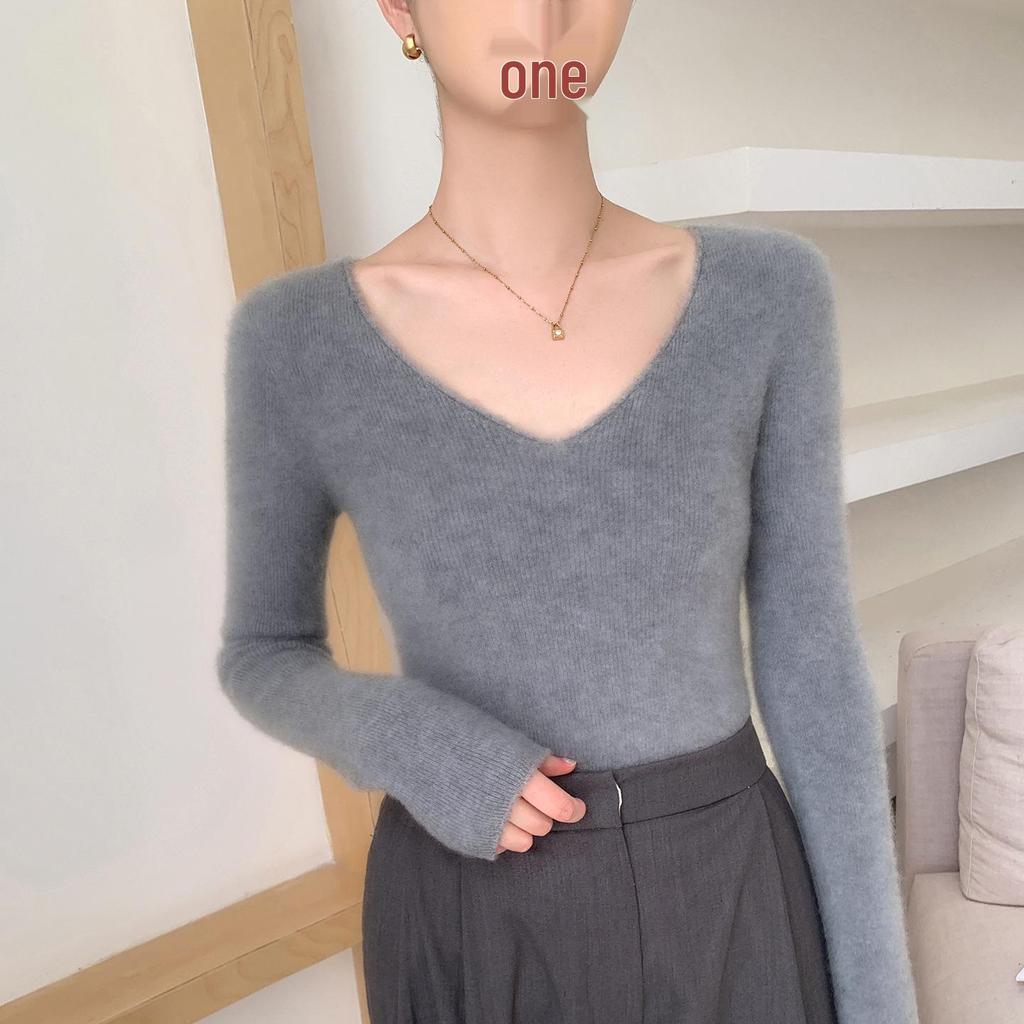 Women's V-Neck Cashmere Sweater - Loose Fit, Solid Color, Autumn/Winter Style