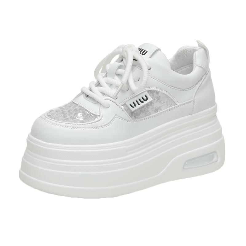 

Новые летние женские туфли на высокой платформе, блестящие, повседневные, 8 см, удобные клинья, массивные кроссовки, дышащая сетка, спортивные папины кроссовки, женские 34 белый