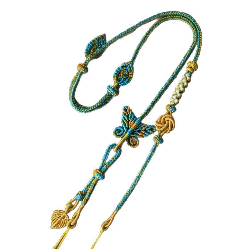 Tibetan Hand-Woven Cotton Lanyard Necklace with Amber Buddhist Amulet and Ethnic Style Thangka.