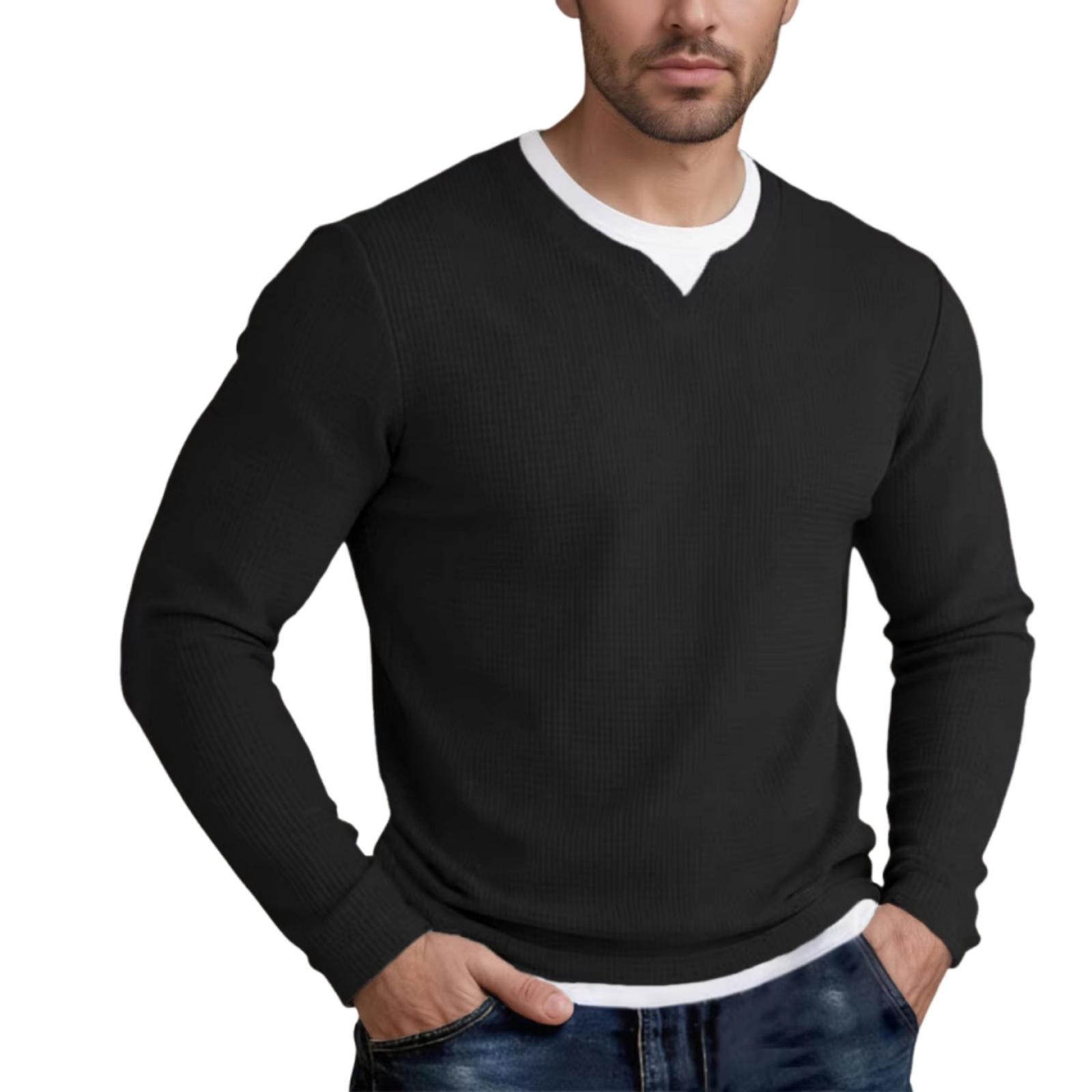 

Men s Knit Fake Two-piece Double Collar Long Sleeve T-shirts, Casual Versatile Tops L чёрный