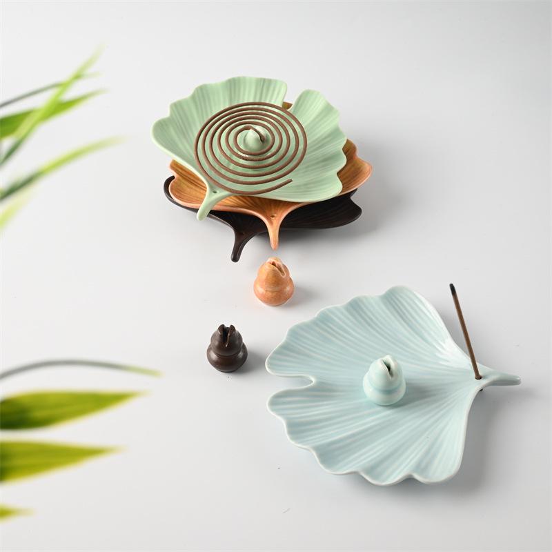 Ceramic Ginkgo Leaf Incense Holder for Sandalwood, Coil, and Line Incense - Indoor Tray and Decorative Plate.