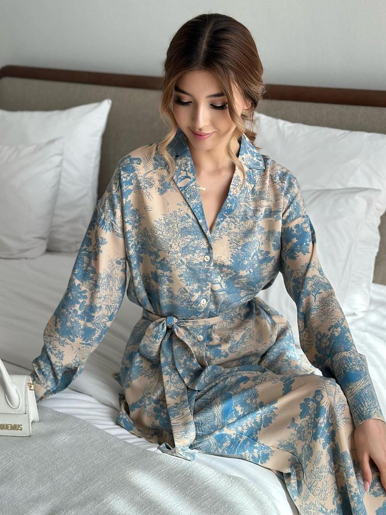 New Spring/Summer Fashion French Floral Printed Long Sleeve Tie Waist Shirt High-Waisted Wide Leg Pants Women