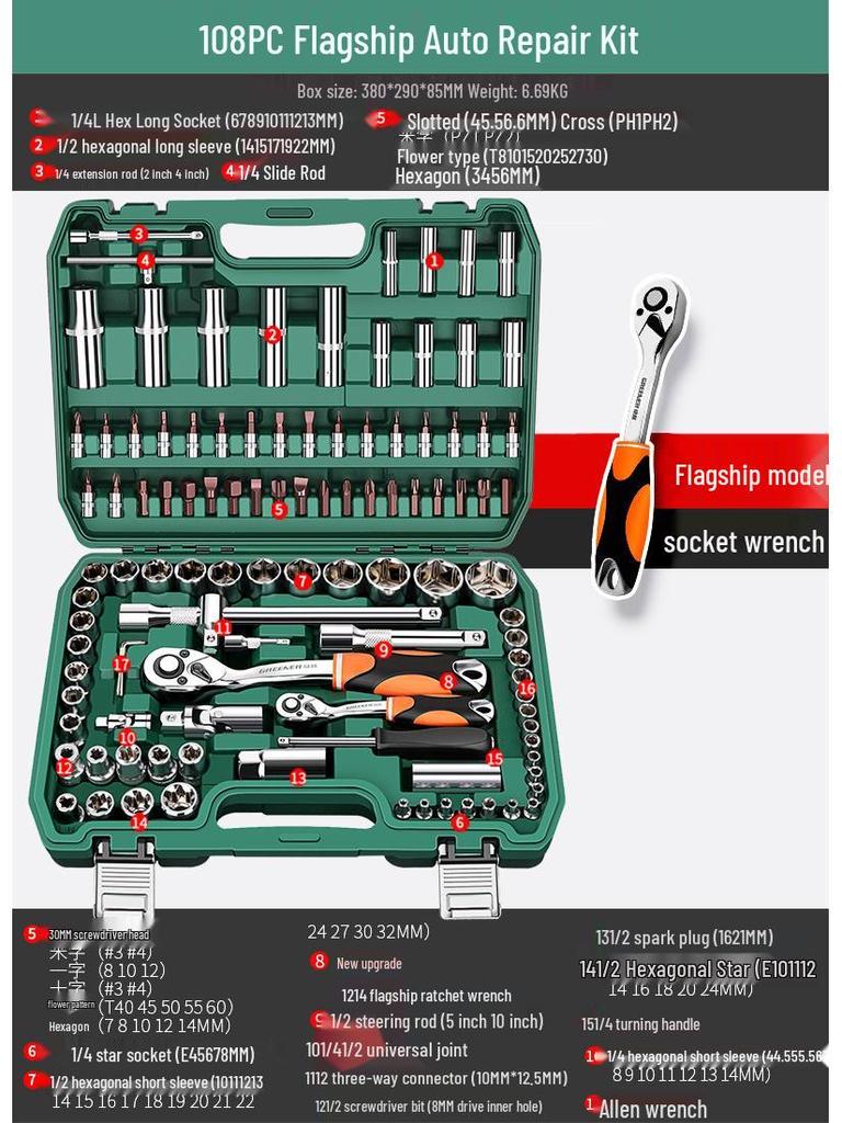 Green Forest Auto Repair Tool Set: Socket Wrench, Ratchet, Combination Tool Box.