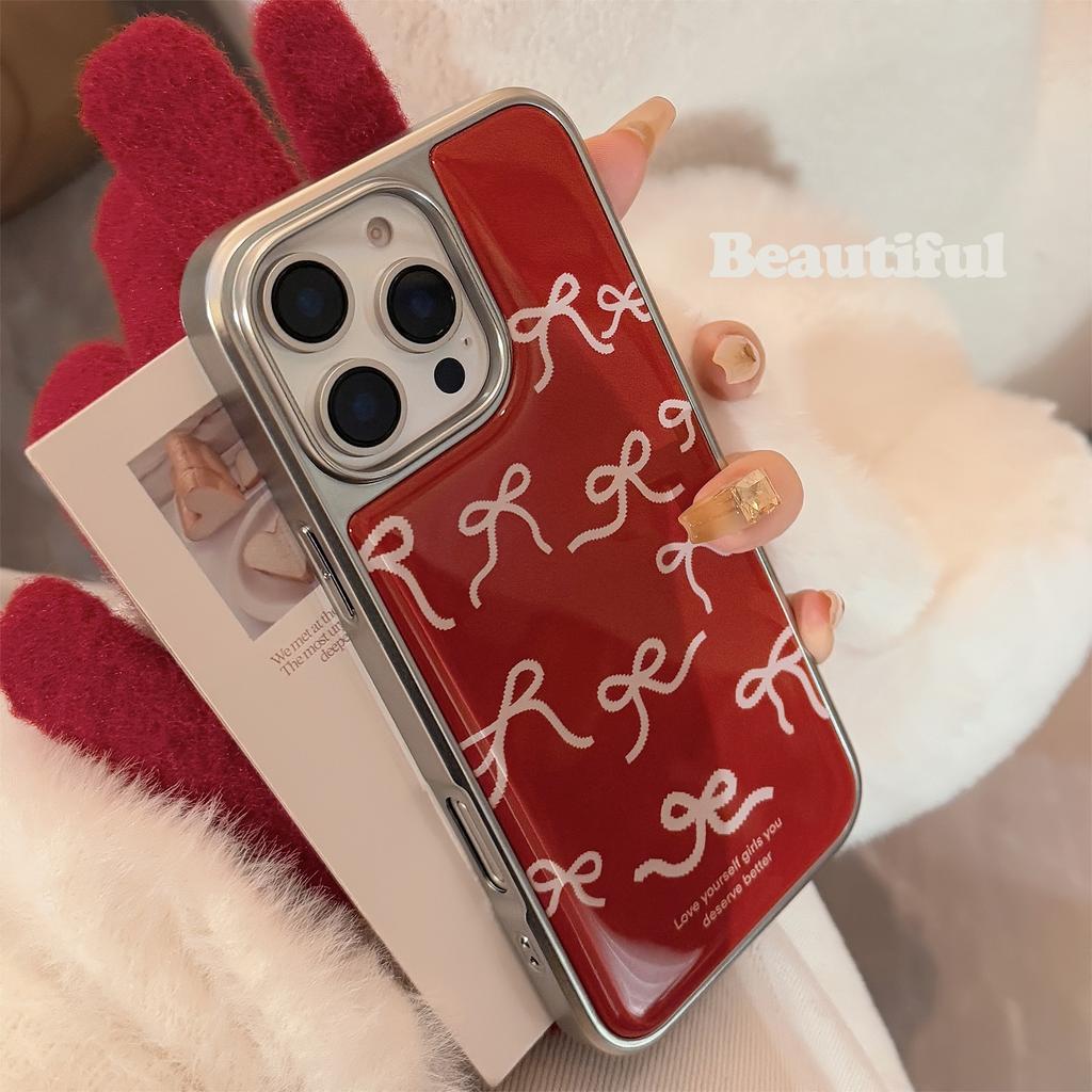 Wine Red Retro Iphone16 Suitable for Apple 15 Promax Mobile Phone Case 13 Red Bow 14 Drop Glue Huawei