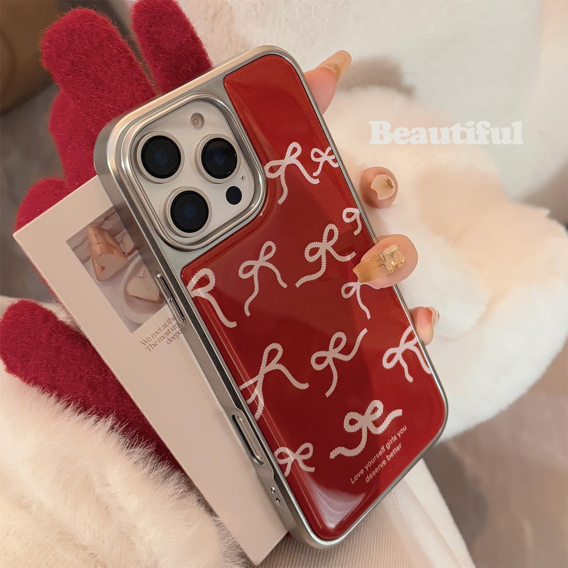 

Wine Red Retro Iphone16 Suitable for Apple 15 Promax Mobile Phone Case 13 Red Bow 14 Drop Glue Huawei Samsung S25ULTRA