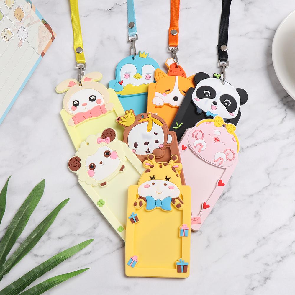 

Cute Animal Name Card Bus Card Work Card Protector Cover Silicone ID Badge Card Holder with Rope #01