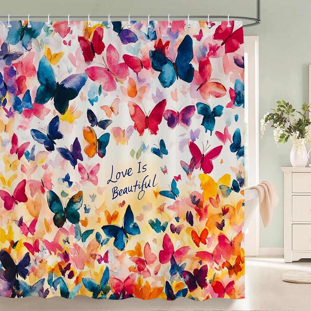 Colorful Butterflies Shower Curtain For Bathroom Floral Romantic Plant And Flowers Decorative Shower Curtains With Hooks