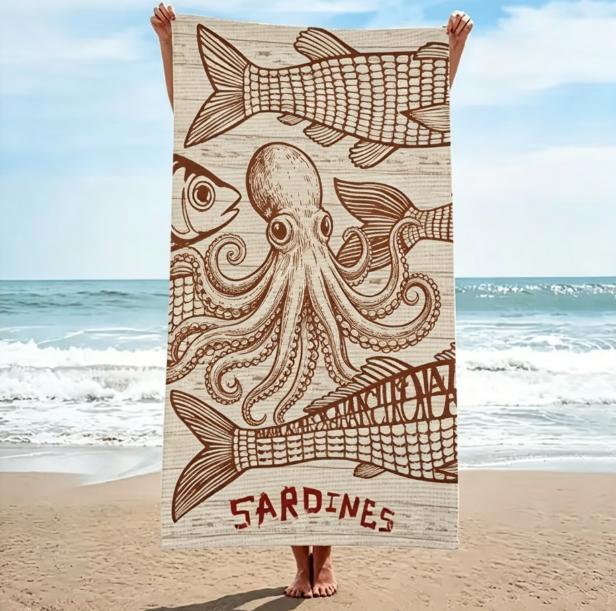 Retro Blau Fische Skizze Strandtuch, Großes Mikrofaser Sandfreies Schnelltrocknendes Handtuch für Sommerurlaub Strandtücher Badezimmer