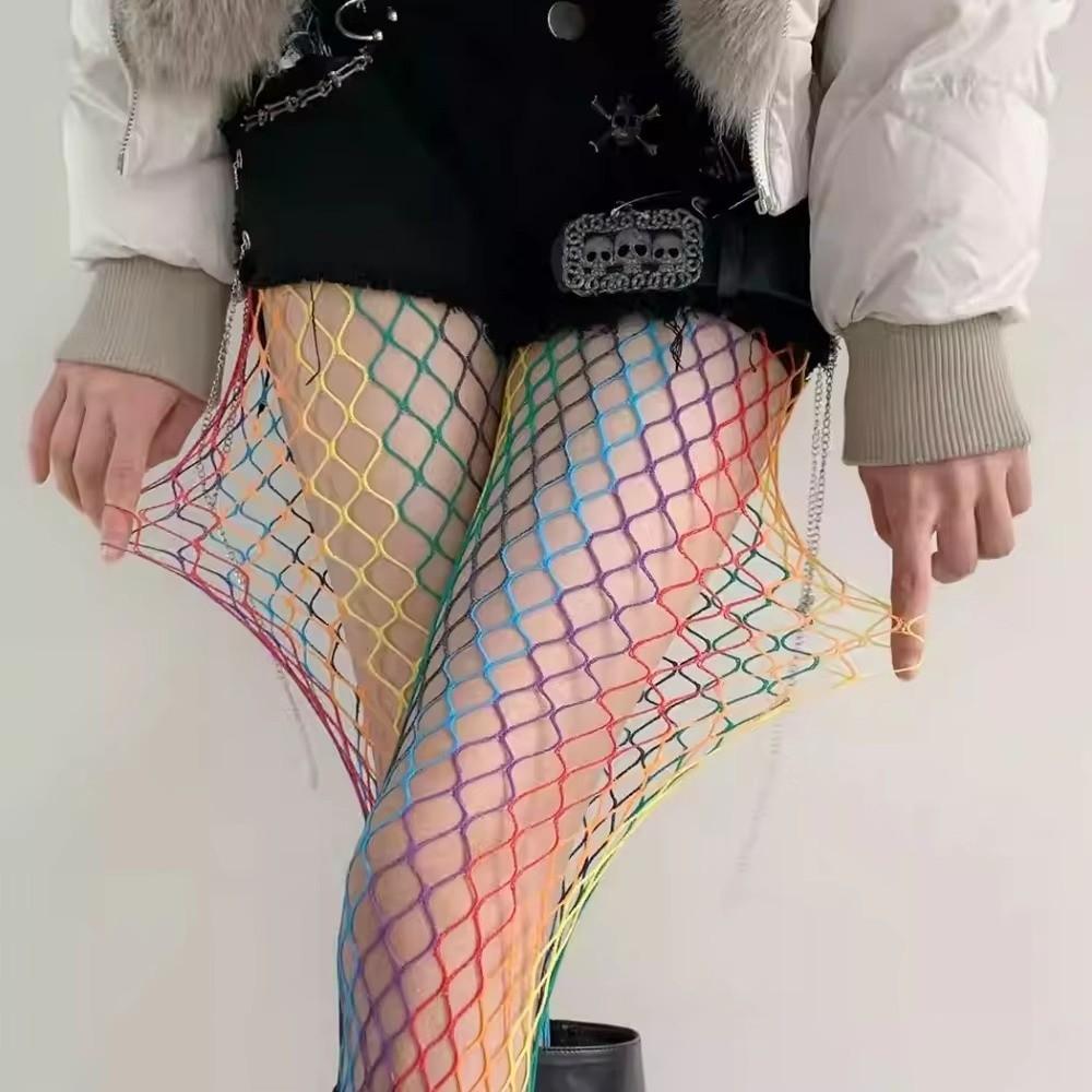 Y2K Rainbow Fishnet Stockings Large Mesh Sexy Mesh Stockings See-through Tights  Girls