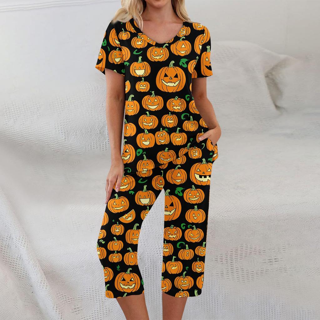 Dvoudílné soupravy pro ženy Krátký rukáv Top a Kalhoty s kapsami Cvičení Měkké Halloweenský potisk Soupravy