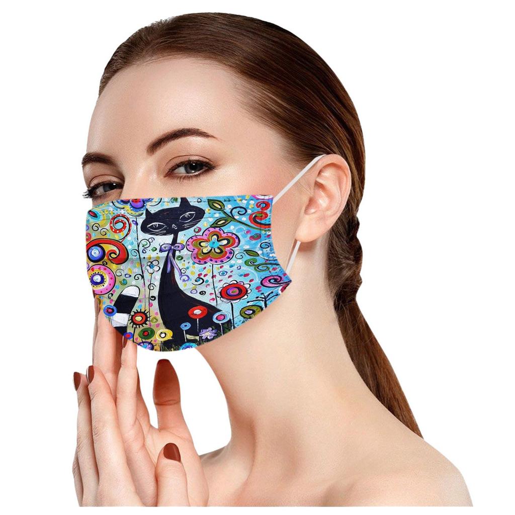 10PC Adult Flowers Cat Cartoons Printing Three-Layer Disposable Protective Mask