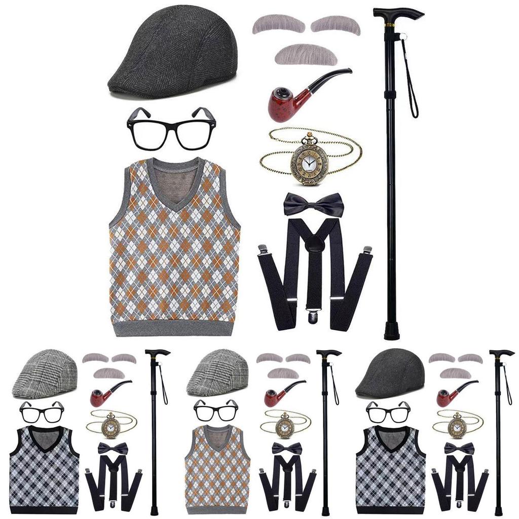 Disfraz de abuelo premium con peluca, chaleco elegante y accesorios para niños y adultos.