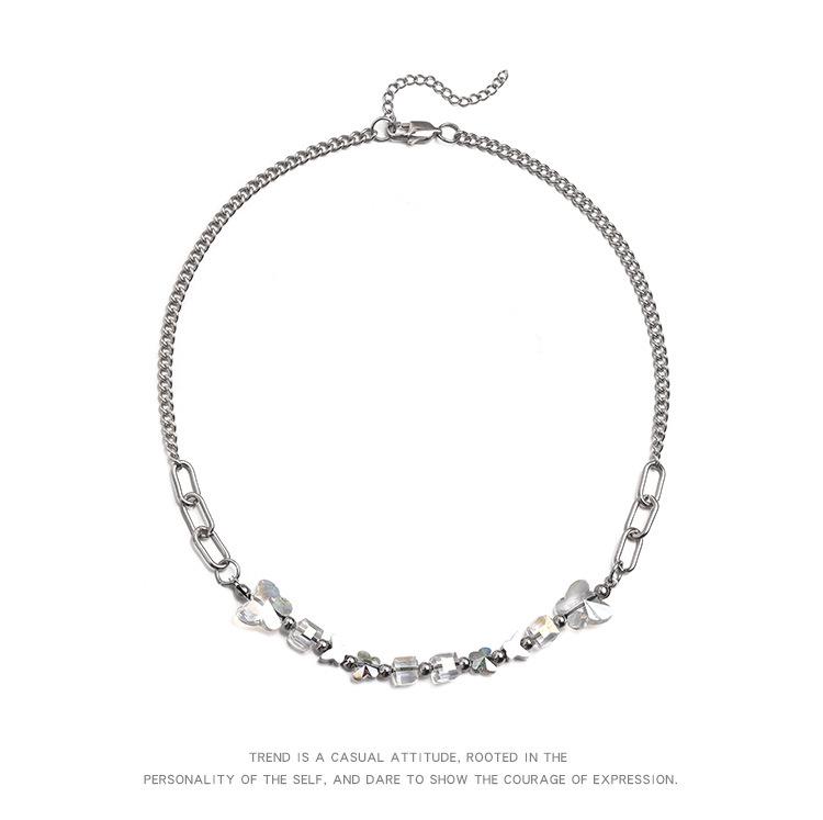 Urban Hip Hop Pearl & Crystal Reflective Stainless Steel Necklace - Titanium Clavicle Chain for Couples