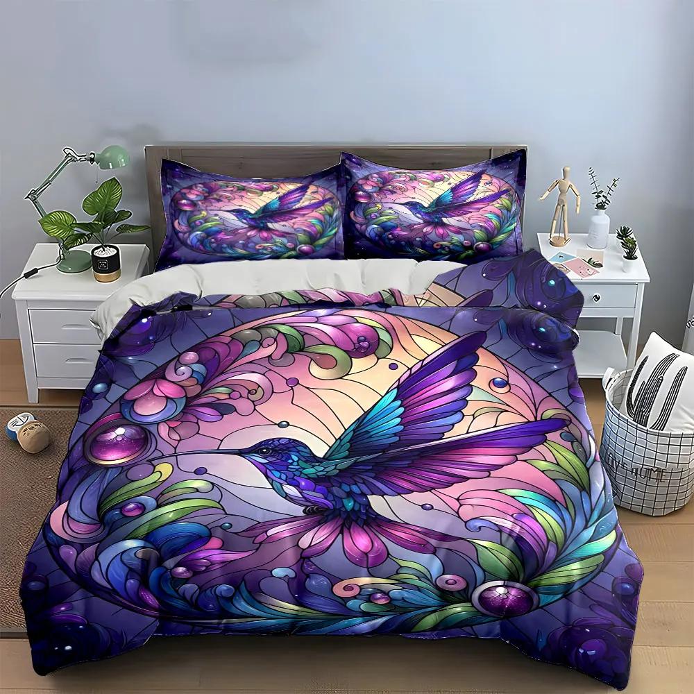 "Hummingbird Stained Glass Decor Set" Soft Comfortable Duvet Cover Bedding Set Included 1*Duvet Cover & 2*Pillowcases Gift