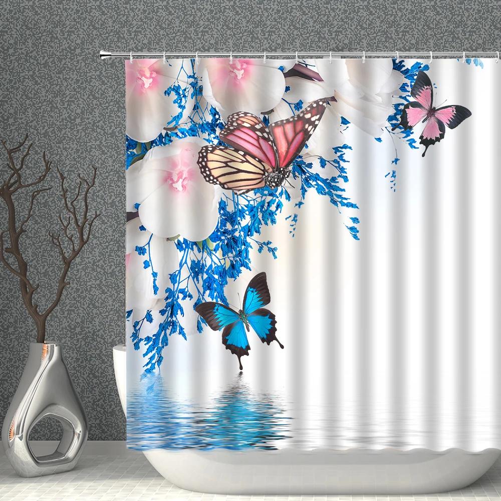 Plant Floral Shower Curtain 3D Butterfly Flower Natural Landscape Bathroom Curtains Polyester Fabric With Hook Home Bath Decor