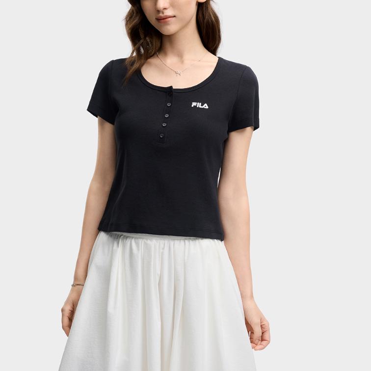 Fila Original Simple Solid Color Embroidered T-Shirt Women Tops Black F11W629113FBK