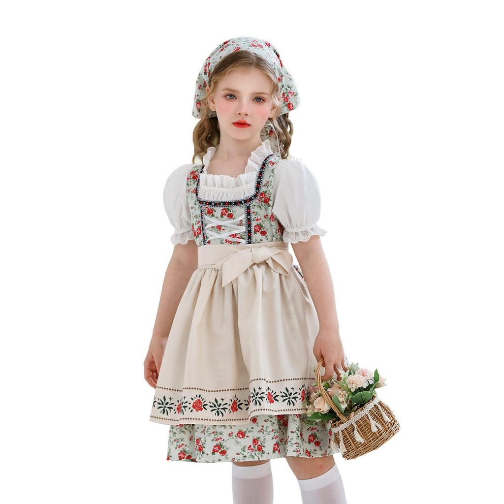 Girls Traditional Dirndl Dress with Apron and Headscarf Farmhouse Lolita Style Costume for Festivals and Themed Events