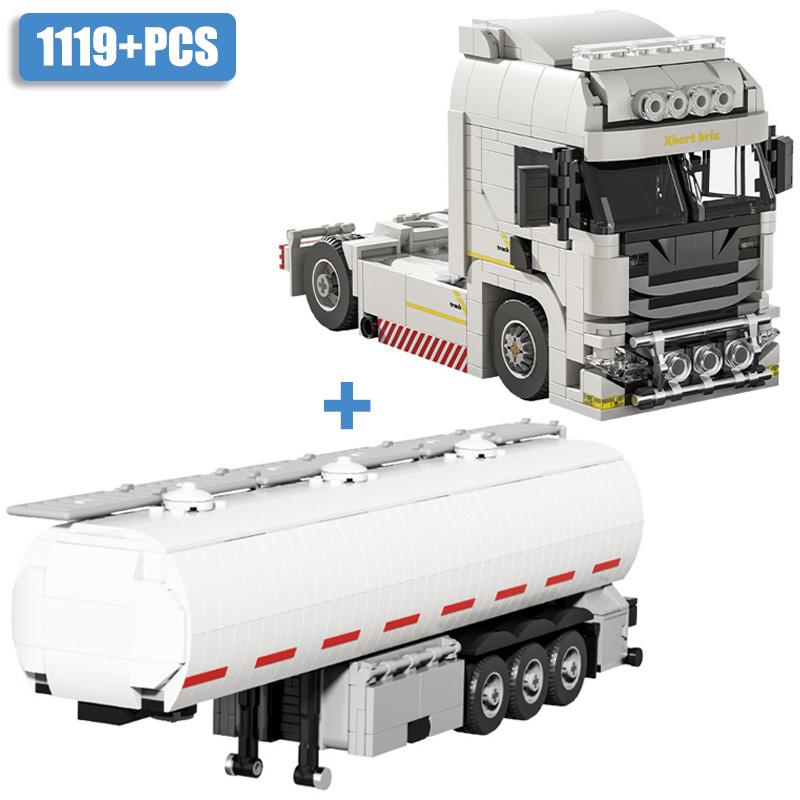 Techniczny MOC Europejska Ciężarówka Naczepa Zbiornik Paliwa Zestaw Klocków Budowlanych DIY Miejski Model Ciężarówki Inżynieryjnej Zestawy Zabawek Dla Dzieci Prezenty