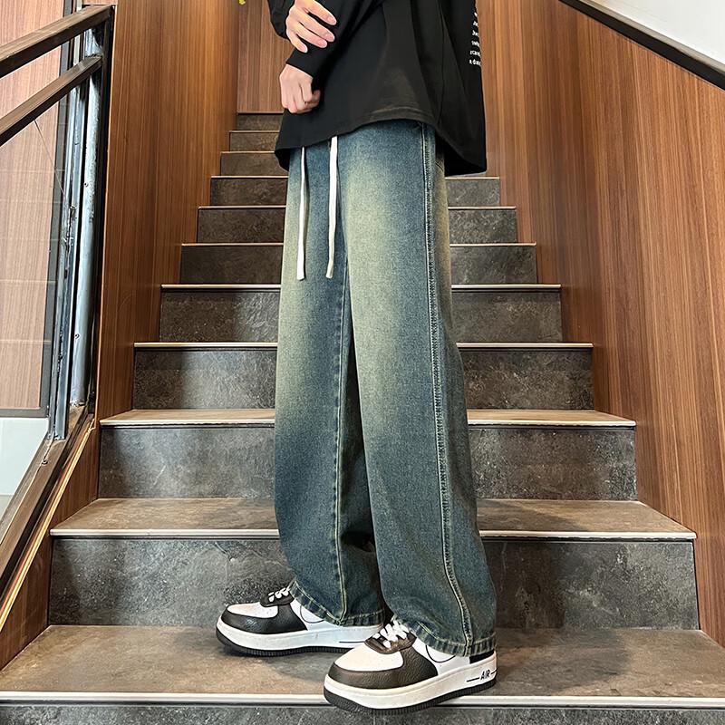 Men's American Retro Washed Straight Wide-Leg Jeans