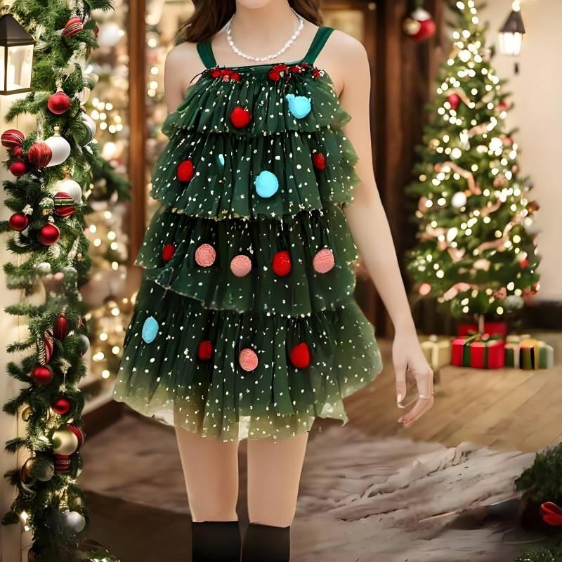 Tree Christmas Dress Children Suspenders Mesh Dress Party Decoration Clothe