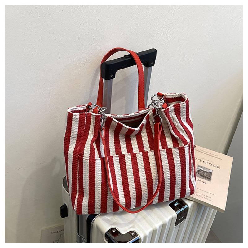Large capacity contrasting striped tote bag retro literary and artistic portable canvas shoulder bag casual commuter bag