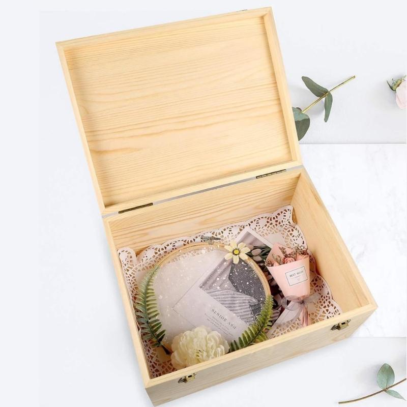 DIY Unfinished Wood Storage Box Large Unfinished Wooden Box with Hinged Lid and Front Clasp for Arts Gifts Jewelry