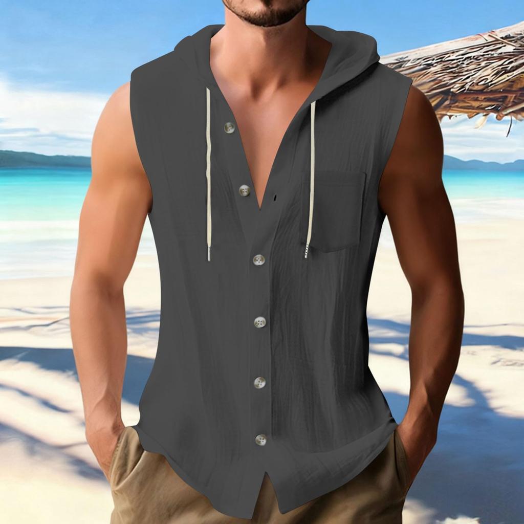 Men's Casual Sleeveless Shirt Cotton Linen Hooded Fashionable  Color Loose Vest Top