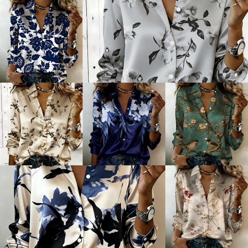 Women Satin Vintage Floral Bird Print Shirt Long Sleeve Lapel Button‑Down Blouse Elegant Office Casual Ladies Multi‑Color Top