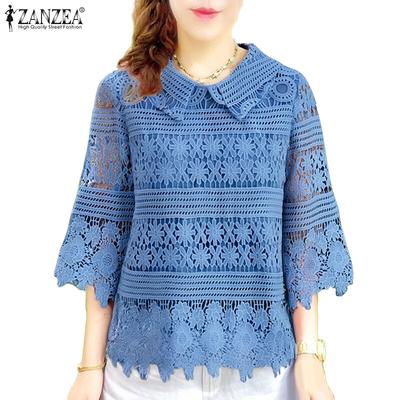 Womens Summer Casual 3/4 Sleeve Patchwork Embroidered Lace Blouse