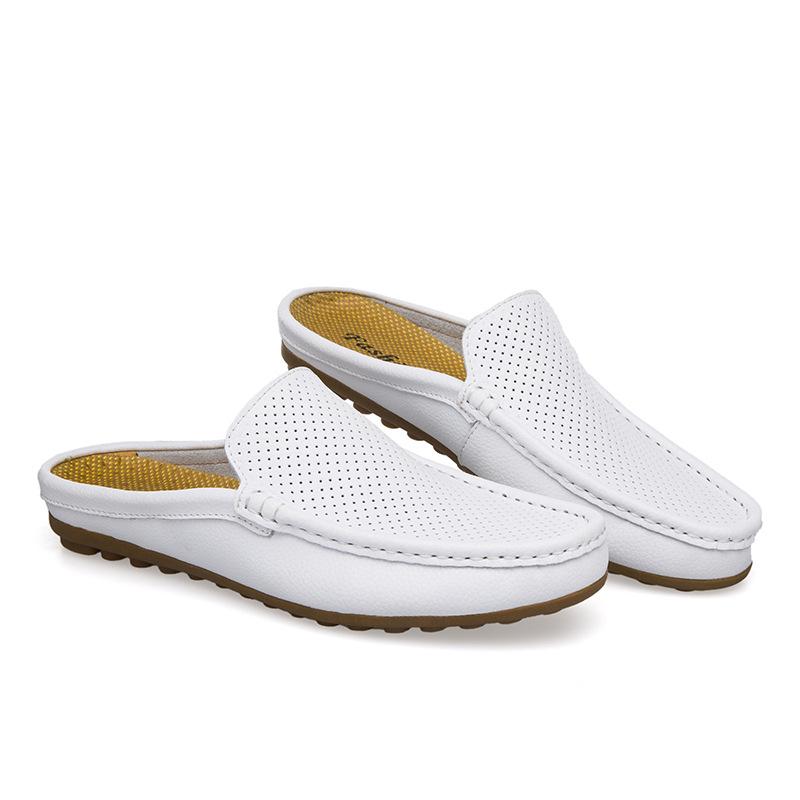 Summer Breathable Half Slippers Men's Breathable Hollowed-out Bag Head Cowhide Sandals Without Heels Lazy Shoes Men Wear Leather Sandals