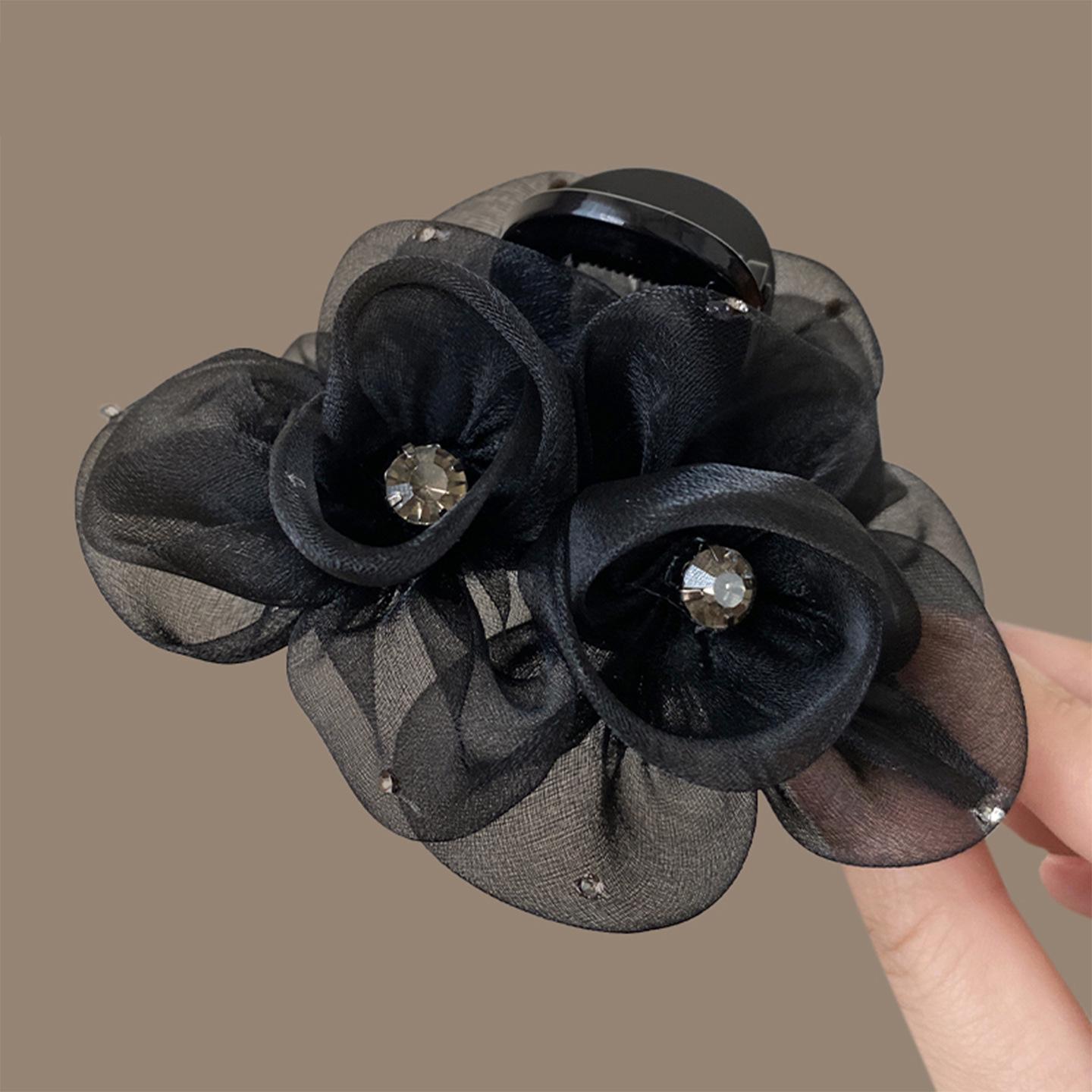 

Elegant Mesh Flower Rhinestone Hair Claw for Women - 2026 Style Shark Clip for Hair Buns