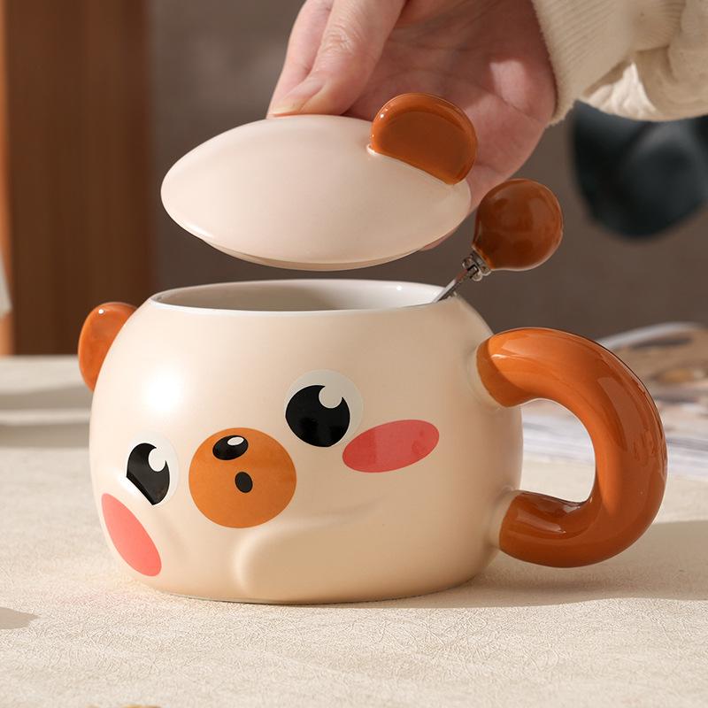Creative Cartoon Bear Ceramic Cup With Lid Household Breakfast Children'S Couple Cup High Value Gift