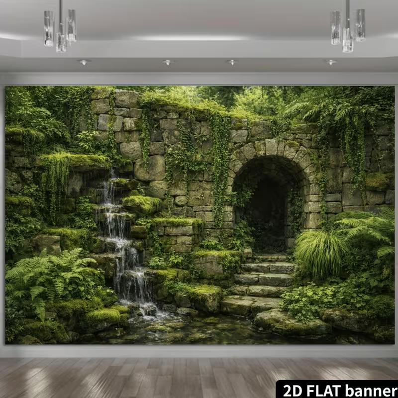Overgrown Garden Banner with Mossy Arches and Clear Pool Photo Booth Background Cloth
