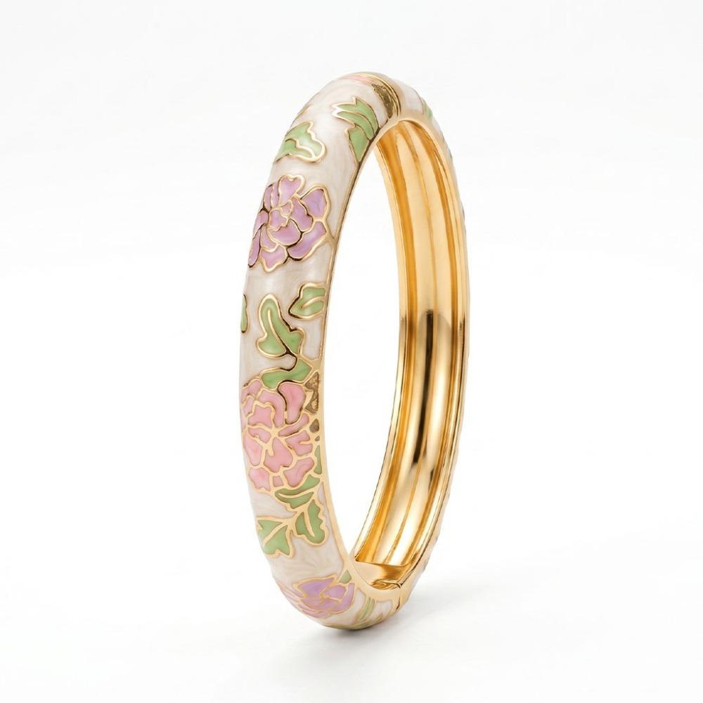 Flower Design Oil Drop Bracelet Hollow Enamel Dropped Glaze Bangle Enamel Bracelet Women s Jewelry бежевый