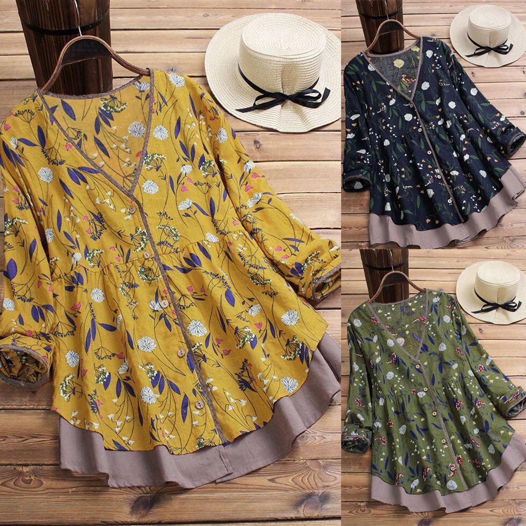 

Женщины Многослойный цветочный принт Пэчворк Винтажная блузка Сращивание Легкие топы