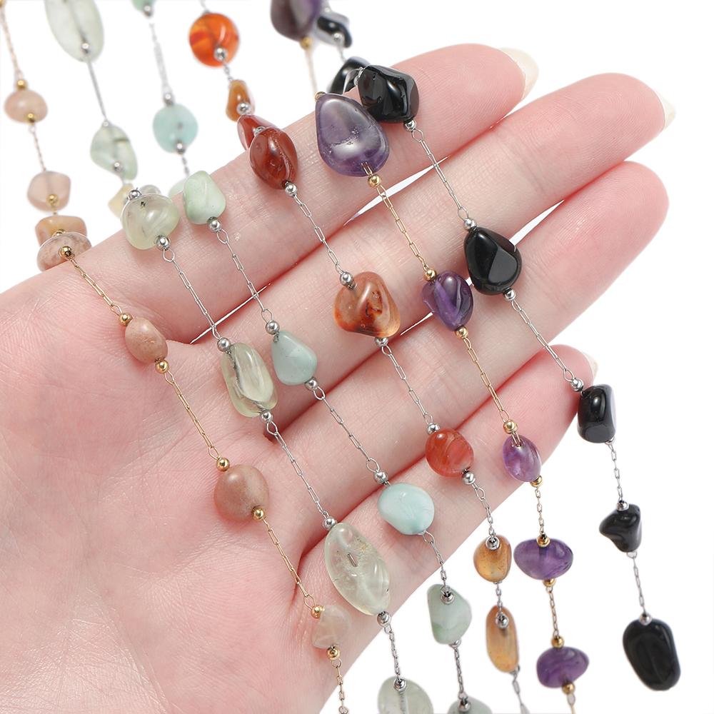 1Meter/Pack Stainless Steel Natural Stone Round Shape Beads Chains for DIY Necklace Bracelets Jewelry Making Accessories