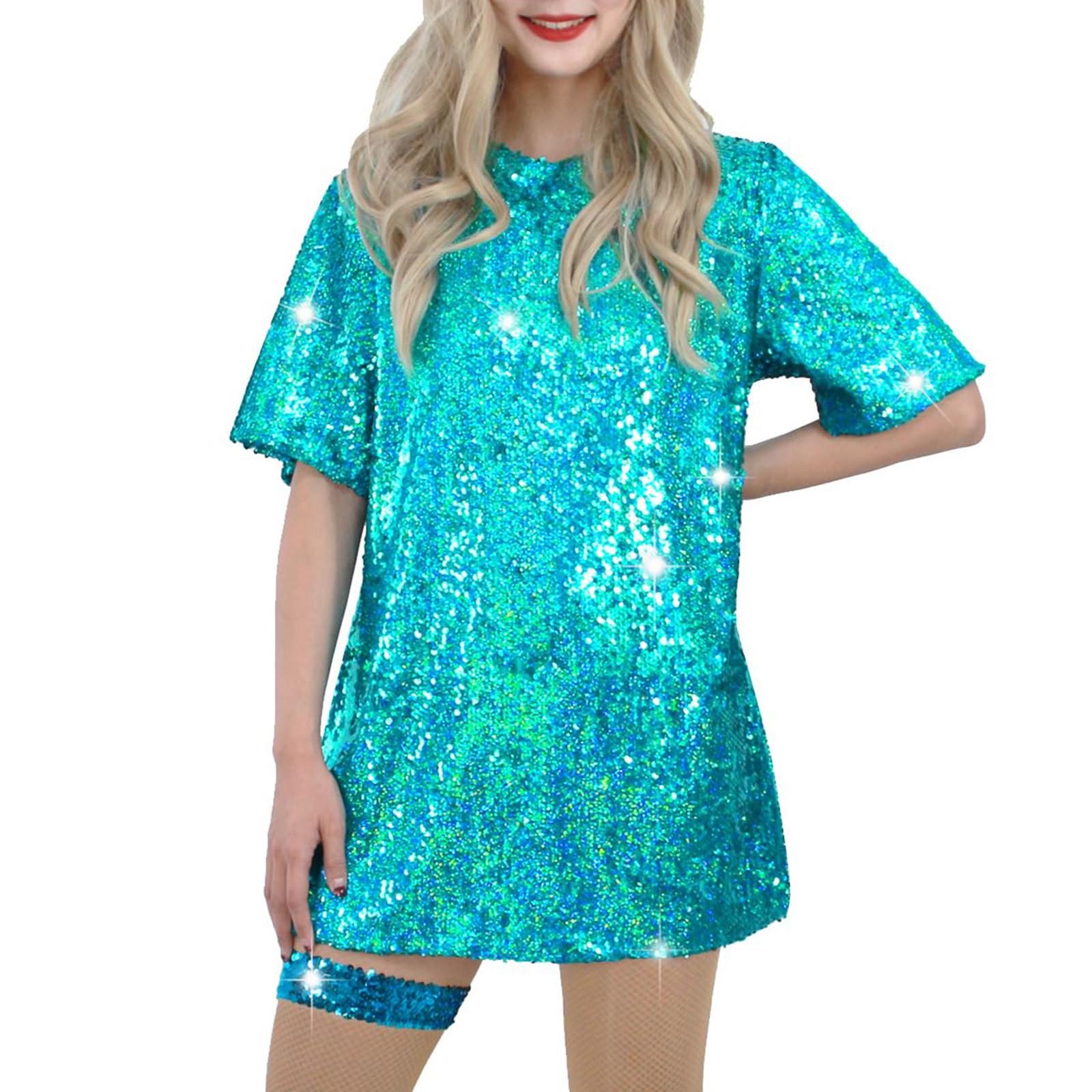 

Женское платье-футболка с пайетками, блестящее, повседневное, с коротким рукавом, для вечеринки, клуба, костюм M