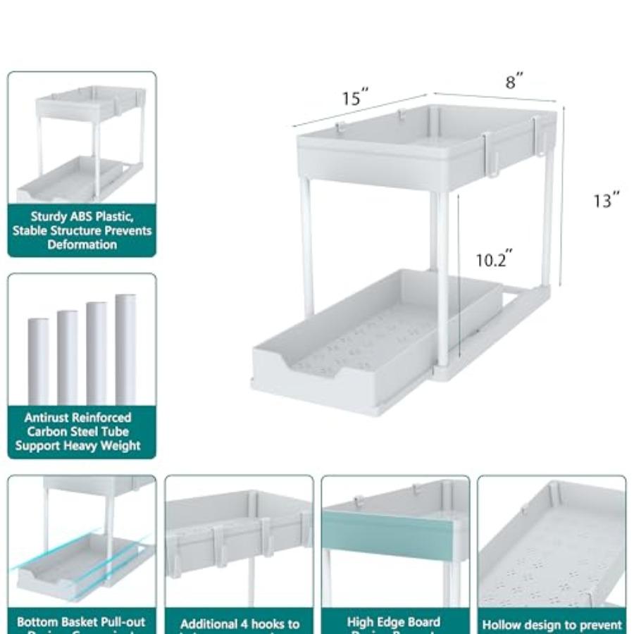 2er-Pack Unterspülbecken-Organizer, 2-stöckig, ausziehbar, für Badezimmer und Küche, mit großen weißen ABS-Körben, einfache Installation und Reinigung