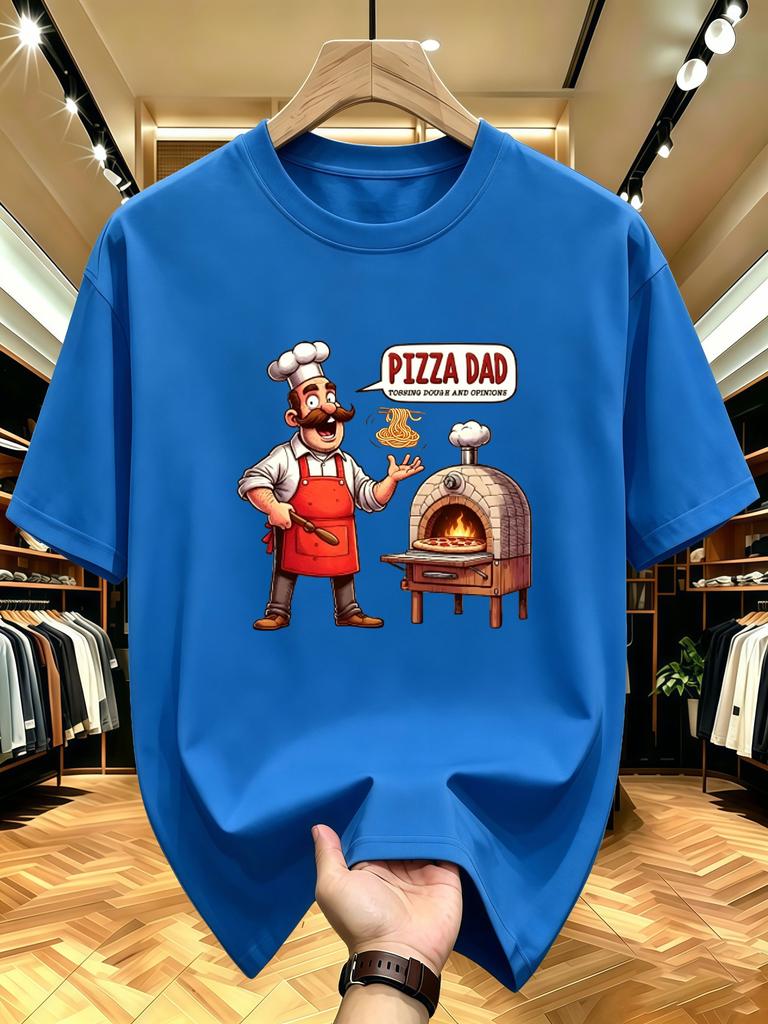 Unisex O Neck Tee Funny Pizza Dad Chef Cartoon Print Cotton Short Sleeve Loose Summer Street Breathable Daily Casual Basic Wear Top