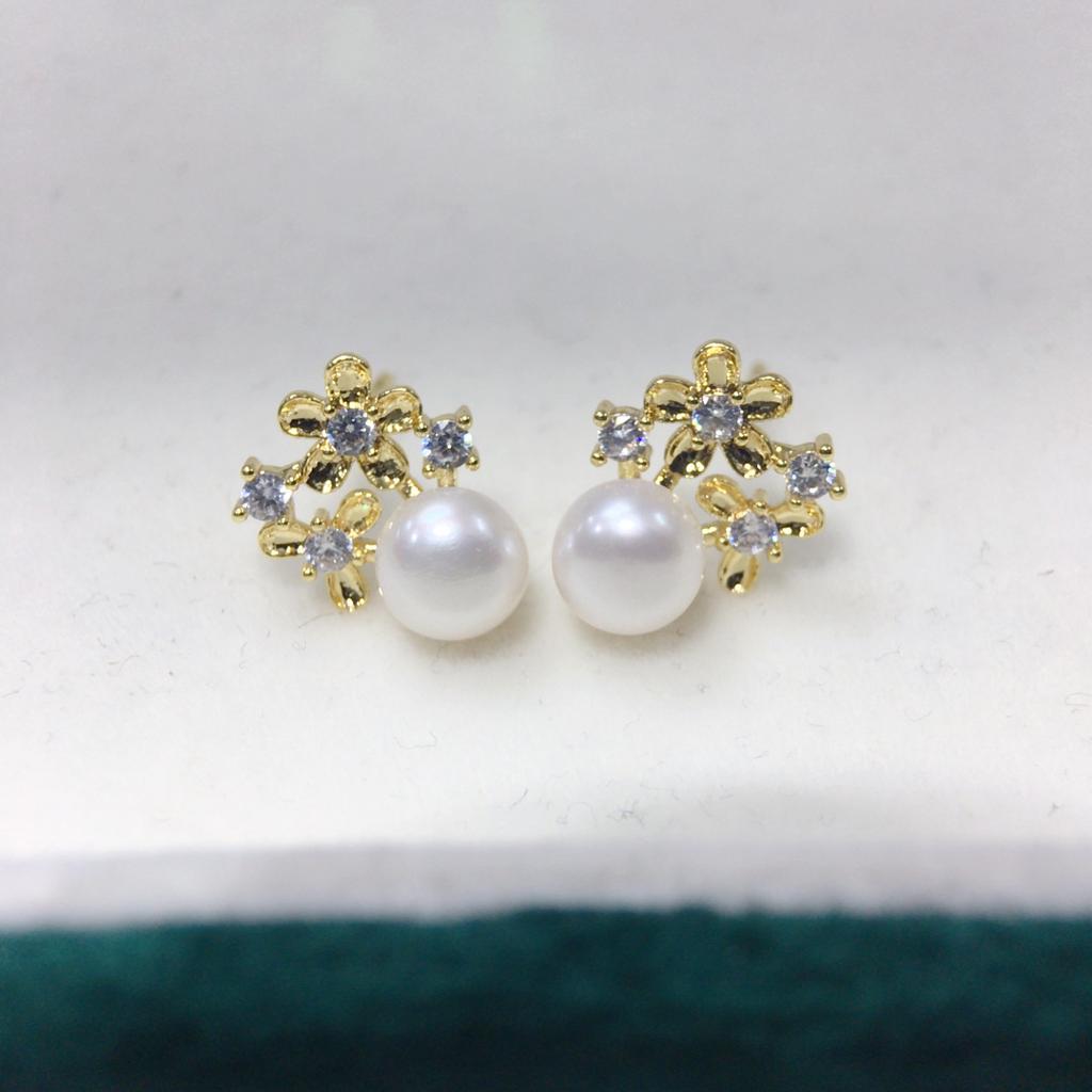 Natural Freshwater Pearl Earrings, Exquisite Small Flowers with Micro Inlaid Zirconia, Fashionable Women's Pearl Earrings for Zhuji
