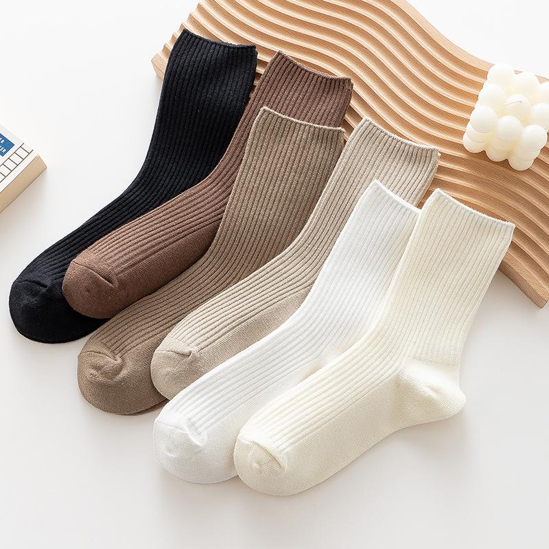 Ladies Autumn and Winter All Kinds of Solid Color Vertical Stripe Tube Pile Cotton Socks