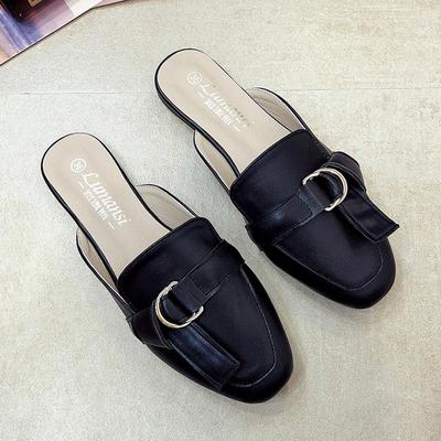 Mode 2024 Chaussures d'été Mules plates Femme Cuir uni Bout couvert Babouches Tongs Dames Boucle de ceinture Pantoufles Sandales féminines