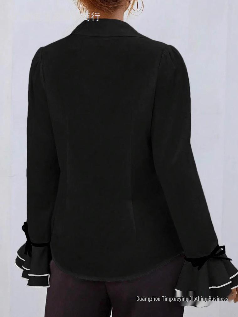2026 European & American Women's Solid Color Ruffle Flare Sleeve Shirt