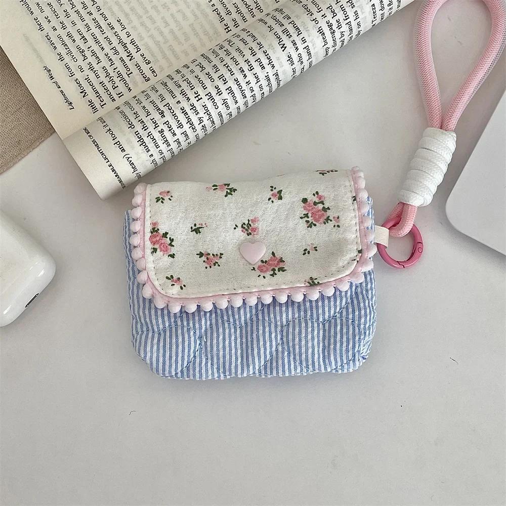 1pc Cute Student Coin Wallet Small Portable Earphone Card Key Storage Bag Floral Korean Ins Style Coin Purse Card Holder Bag