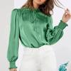 Silky Satin Shirt for Women Stand Collar Ruffle Trim Long Sleeve Pullover Tops Solid Color Loose Fit Casual Blouse