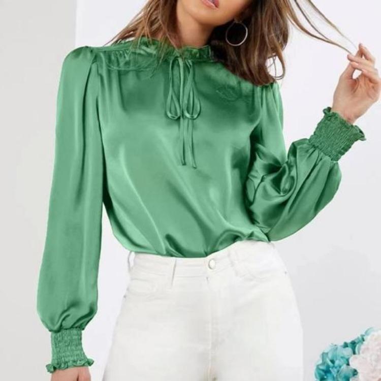 Silky Satin Shirt for Women Stand Collar Ruffle Trim Long Sleeve Pullover Tops Solid Color Loose Fit Casual Blouse