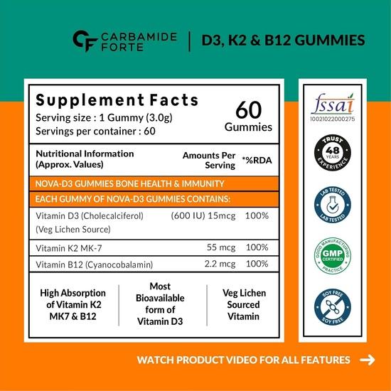 Carbamide Forte Vitamin D3 K2 MK7 & Vitamin B12 Gummies | Vitamin B12 Supplements | Vitamin K2 Mk7, Vitamin D3 Supplement & B12 Vitamin