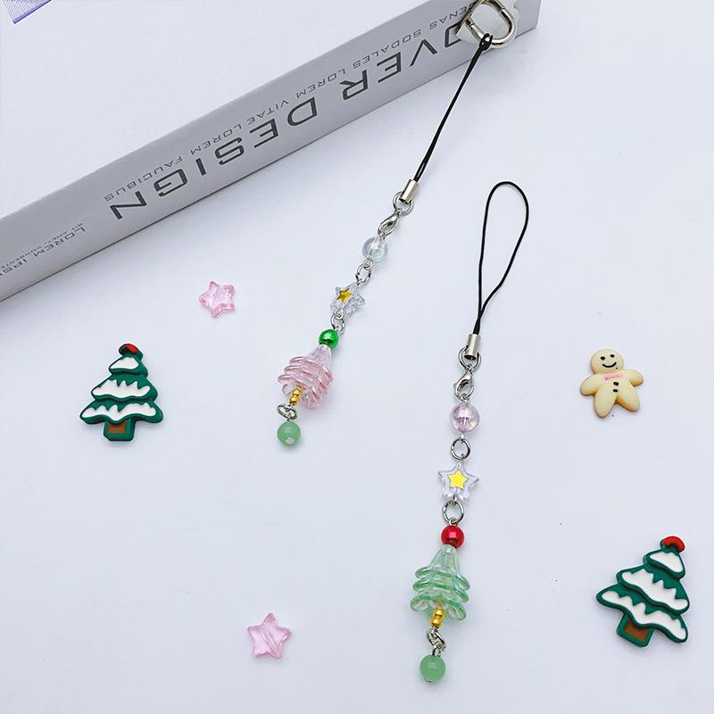 Christmas Tree Beaded Phone Chain Pendant Cute Beaded Mobile Phone Keyring Camera Hanging Decoration Xmas Gifts